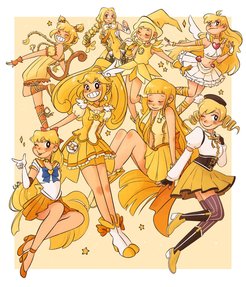 6+girls aino_minako asuka_momoko bike_shorts_under_skirt bishoujo_senshi_sailor_moon blonde_hair blue_bow blue_bowtie boots border bow bowtie braid choker coco_(idol)_(mermaid_melody_pichi_pichi_pitch) coco_(mermaid_melody_pichi_pichi_pitch) color_connection crossover cure_peace detached_sleeves drill_hair elbow_gloves elly_mii fingerless_gloves full_body gladiator_sandals gloves hair_bow hair_color_connection hair_ornament hat heart highres inubouzaki_fuu jewelry kise_yayoi knee_boots long_hair looking_at_viewer magical_girl mahou_shoujo_madoka_magica mermaid_melody_pichi_pichi_pitch mew_pudding midriff multiple_crossover multiple_girls navel ojamajo_doremi one_eye_closed outside_border panty_&amp;_stocking_with_garterbelt panty_(psg) pleated_skirt ponytail precure puffy_sleeves sailor_senshi sailor_senshi_uniform sailor_venus sandals short_hair short_sleeves skirt sleeveless smile smile_precure! star_(symbol) thighhighs tokyo_mew_mew tokyo_mew_mew_new tomoe_mami trait_connection white_background white_border wings witch witch_hat yellow_background yellow_choker yellow_footwear yellow_skirt yellow_theme yuuki_yuuna_wa_yuusha_de_aru yuusha_de_aru