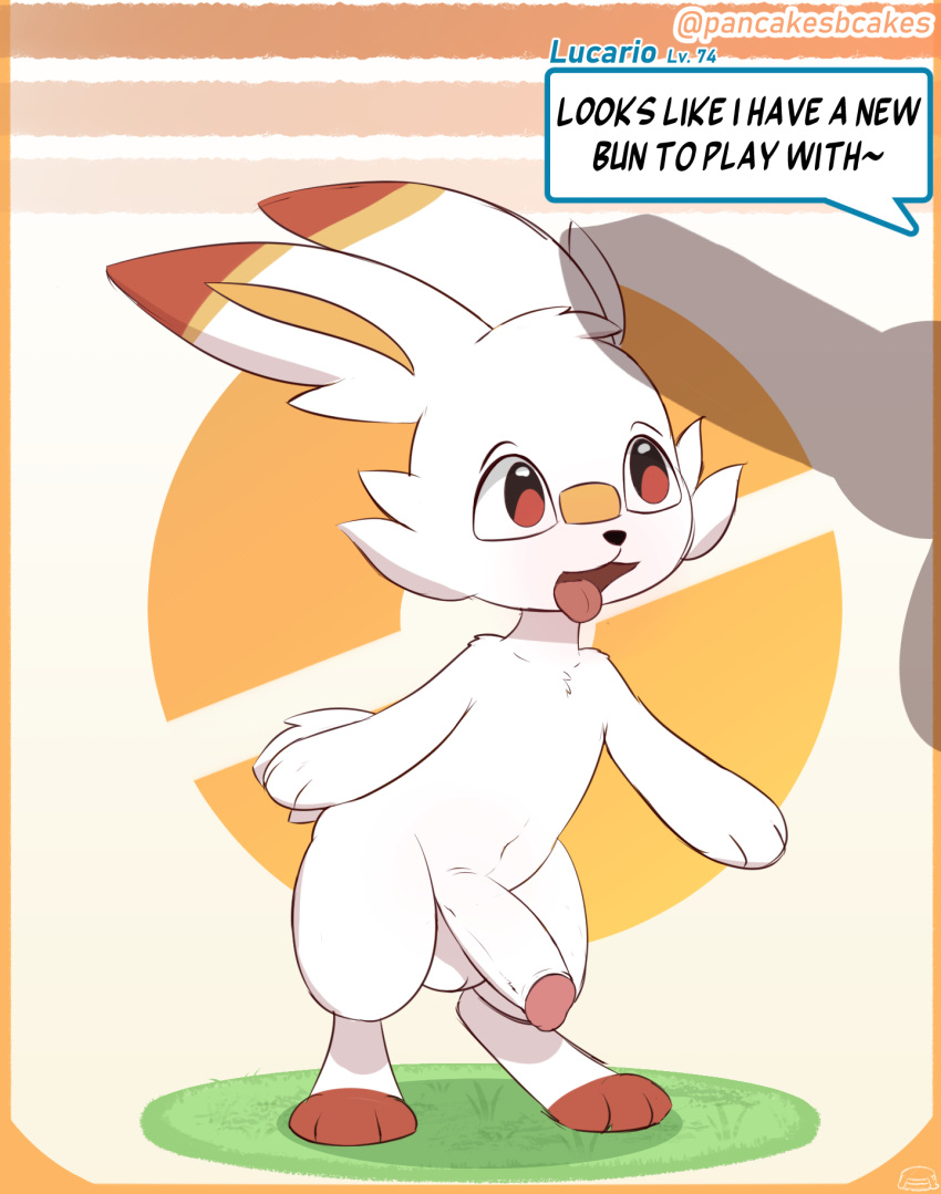 anthro balls english_text generation_8_pokemon genitals hi_res humanoid_genitalia male nintendo offscreen_character pancakesbakecakes penis penis_shadow pokemon pokemon_(species) scorbunny simple_background solo speech_bubble standing text