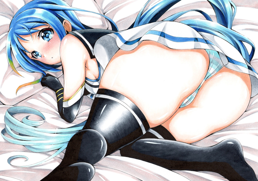 1girl absurdres ass bed_sheet black_gloves black_thighhighs blue_eyes blue_hair elbow_gloves gloves highres hmdark-9 kantai_collection long_hair panties pillow samidare_(kancolle) striped striped_panties thighhighs thighs traditional_media underwear very_long_hair