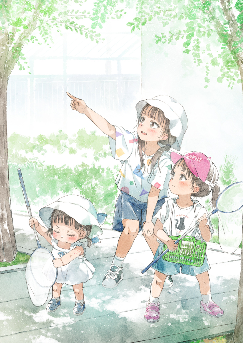 3girls :d arm_up baseball_cap black_footwear black_hair blue_footwear blue_shorts blush brown_eyes butterfly_net closed_eyes closed_mouth commentary_request day dress gomennasai hair_over_shoulder hand_net hat highres holding insect_cage long_hair low_twintails multiple_girls original outdoors outstretched_arm pink_footwear pink_headwear pointing ponytail shirt shoes short_sleeves shorts siblings sisters sleeveless sleeveless_dress smile socks tree twintails v-shaped_eyebrows white_dress white_headwear white_shirt white_socks