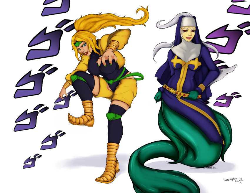 absurd_res accessory black_sclera bottomwear clothing cosplay dio_brando duo enrico_pucci female female/female fin hair headband hi_res human humanoid jojo's_bizarre_adventure league_of_legends long_hair mammal marine merfolk metroid nami_(lol) nintendo nun nun_outfit pointy_shoes ponytail priest red_eyes riot_games robe samus_aran shorts split_form veil w0nder