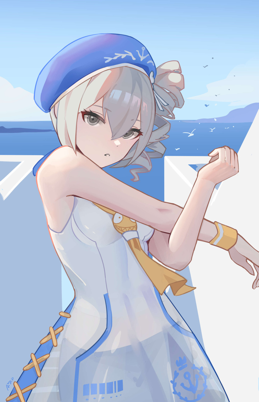 1girl :o absurdres ai_dongdong bare_arms bare_shoulders beret blue_headwear blue_sky breasts bronya_zaychik bronya_zaychik_(valkyrie_chariot) cloud commentary day dress drill_hair grey_eyes grey_hair hair_between_eyes hat highres honkai_(series) honkai_impact_3rd looking_at_viewer outdoors parted_lips see-through side_drill sky sleeveless sleeveless_dress small_breasts solo stretching white_dress wrist_cuffs