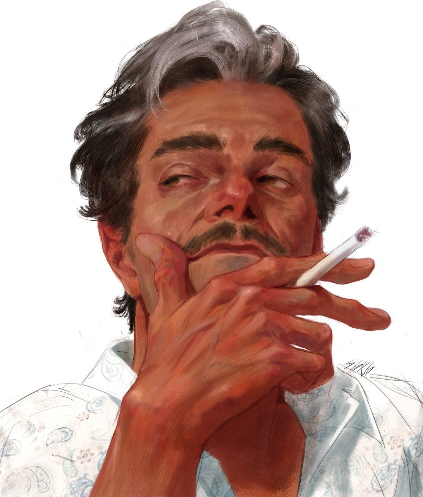 1boy absurdres arm_up better_call_saul black_hair breaking_bad brown_eyes cigarette closed_mouth facial_hair hand_on_own_face highres holding holding_cigarette lalo_salamanca looking_to_the_side male_focus multicolored_hair mustache portrait realistic sgkg108 shirt short_hair simple_background two-tone_hair white_background white_hair white_shirt