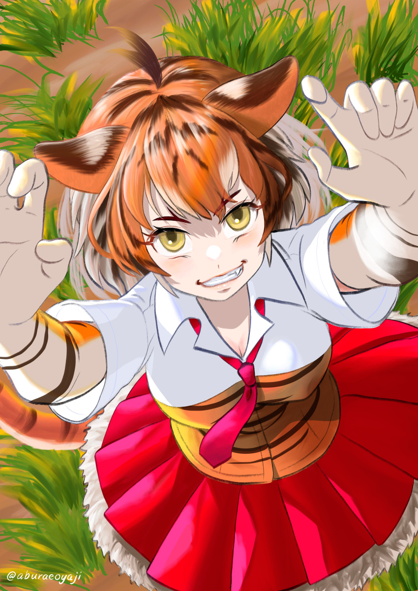 1girl absurdres aburaeoyaji animal_ears animal_print antenna_hair arms_up breasts brown_hair claw_pose cleavage collared_shirt commentary_request covered_nipples day elbow_gloves eyelashes fang forked_eyebrows from_above gloves grass grey_hair grin highres kemono_friends lips looking_at_viewer looking_up medium_hair miniskirt multicolored_hair necktie orange_hair outdoors parted_bangs pleated_skirt print_gloves print_shirt red_necktie shirt short_sleeves skirt smile solo streaked_hair sumatran_tiger_(kemono_friends) tail teeth tiger_ears tiger_girl tiger_print tiger_tail twitter_username up_sleeve wing_collar yellow_eyes