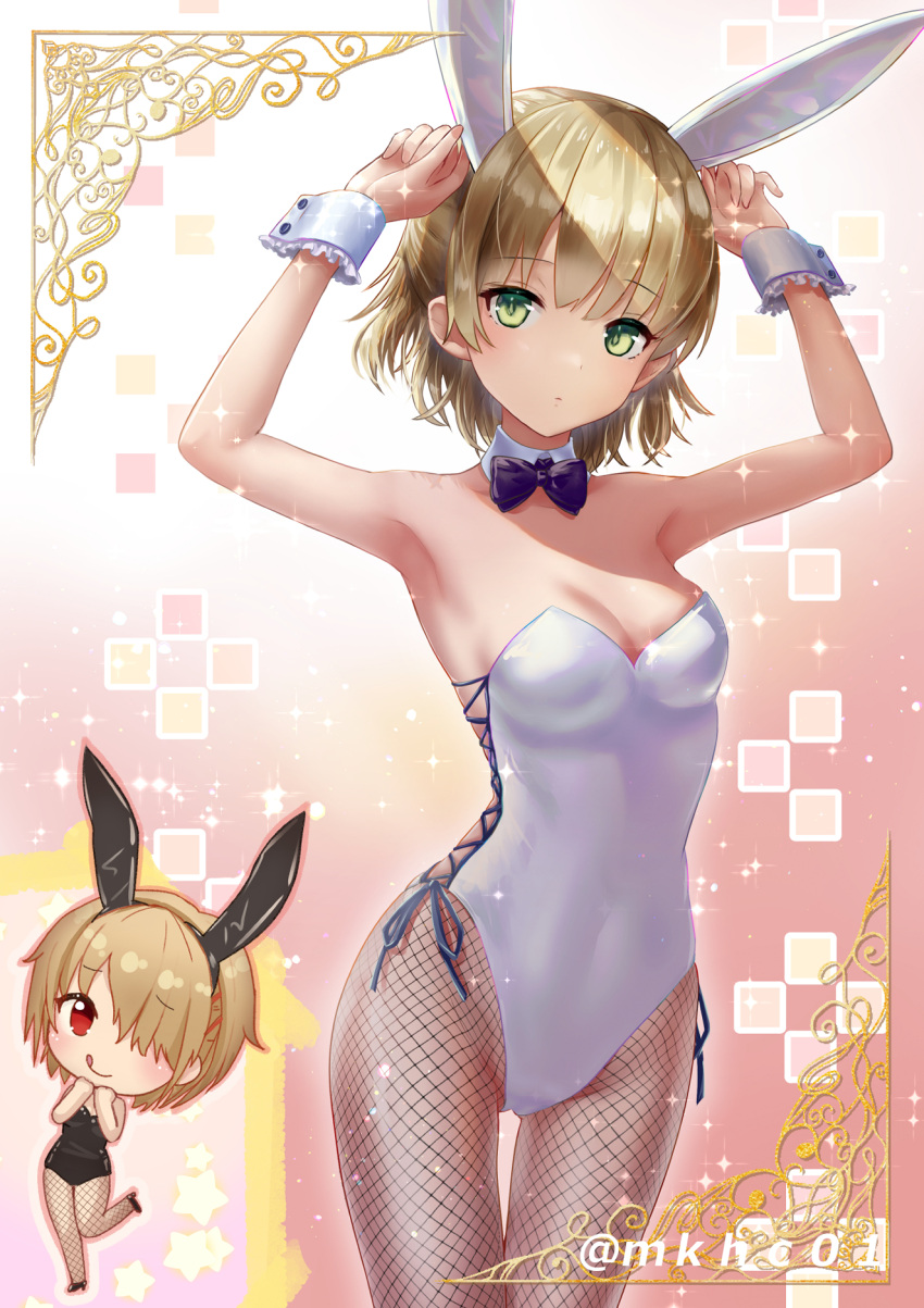 2girls :d animal_ears armpits bare_shoulders black_leotard bow bowtie breasts brown_hair chibi closed_mouth detached_collar fake_animal_ears fishnet_pantyhose fishnets green_eyes hair_over_one_eye heaven_burns_red highres kayamori_ruka leotard medium_breasts mkhc01 multiple_girls nanase_nanami_(heaven_burns_red) pantyhose playboy_bunny purple_bow purple_bowtie rabbit_ears red_eyes short_hair smile solo_focus strapless strapless_leotard twitter_username white_leotard wrist_cuffs