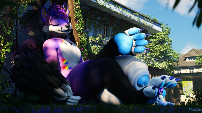 3d_(artwork) anthro arflin_(species) arm_warmers armwear balls big_balls big_penis blue_glans blue_pawpads bodily_fluids canid canine canis clothing collar collar_only digital_media_(artwork) domestic_dog duo fluxcore foreskin fox genital_fluids genitals glans hi_res huge_balls huge_penis hyper hyper_balls hyper_genitalia hyper_penis leaking_precum legwear macro male male/male mammal nude outside pawpads penis precum size_difference sleeping teak_(fluxcore) thick_thighs thigh_highs