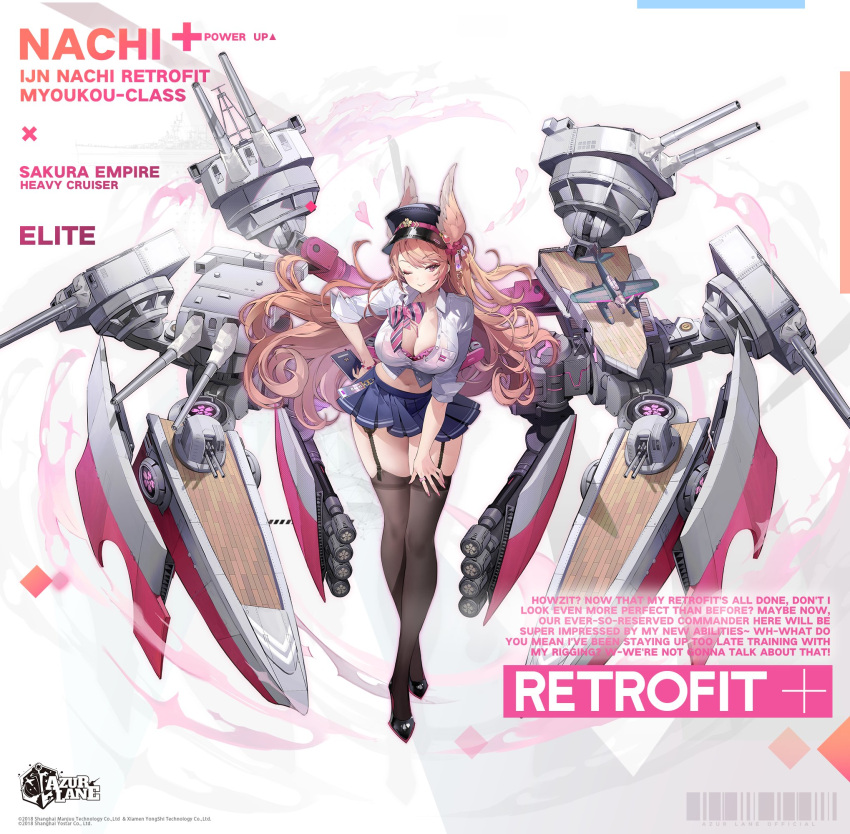 1girl animal_ears azur_lane black_footwear black_thighhighs bra breasts brown_hair character_name cleavage commentary_request copyright_name full_body hand_on_own_hip hat heart high_heels highres large_breasts leaning_forward long_hair looking_at_viewer nachi_(azur_lane) nachi_(retrofit)_(azur_lane) namyo navel official_art one_eye_closed peaked_cap pink_bra rigging sakura_empire_(emblem) second-party_source shirt solo thighhighs torpedo_tubes translation_request underwear white_shirt wolf_ears