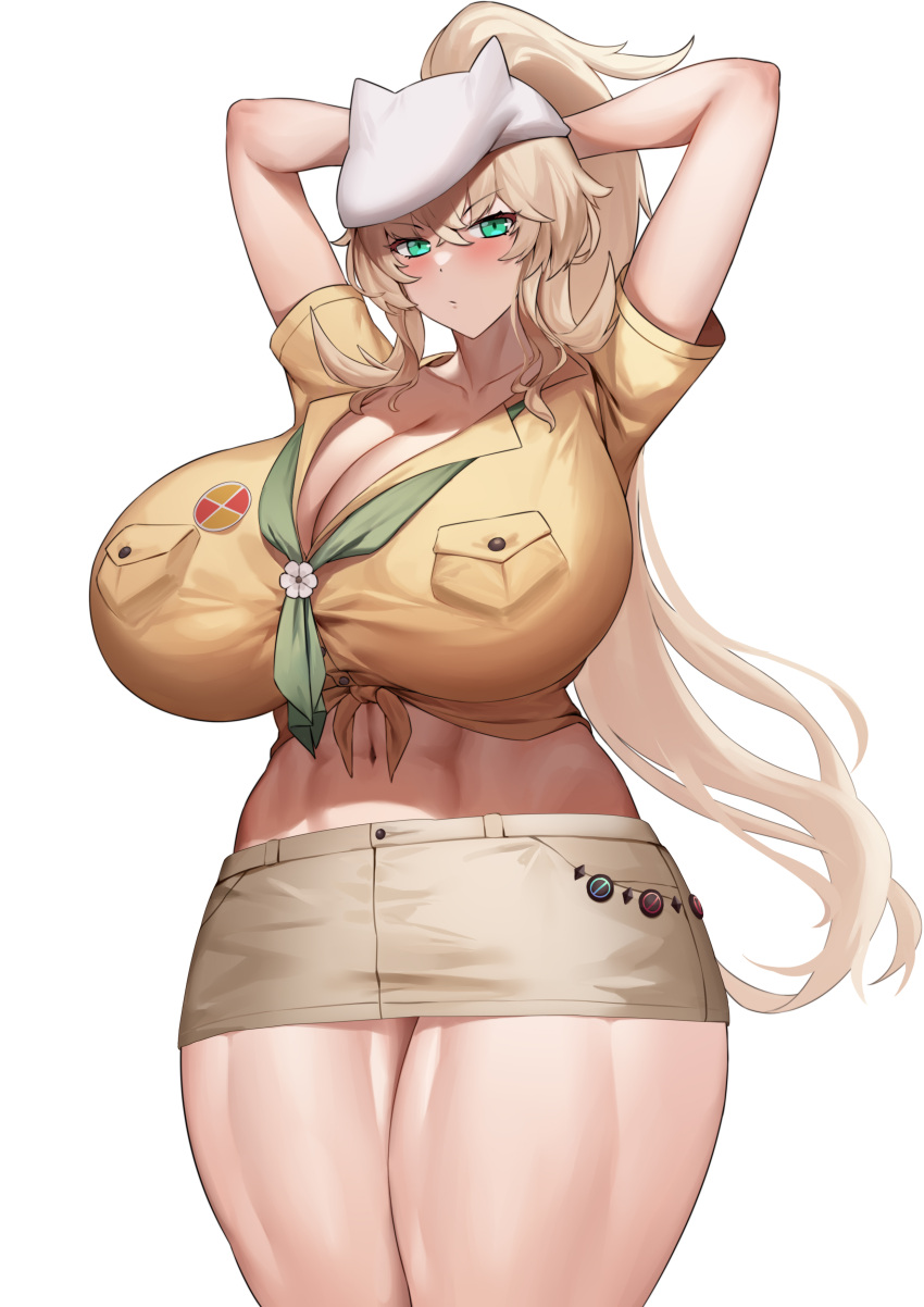 1girl abs absurdres arms_behind_head arms_up barghest_(fate) barghest_(swimsuit_archer)_(fate) blonde_hair blush breasts cleavage fate/grand_order fate_(series) green_eyes grey_headwear grey_skirt hat high_ponytail highres huge_breasts jingb_dx long_hair looking_at_viewer midriff miniskirt muscular muscular_female navel neckerchief pencil_skirt shirt short_sleeves sidelocks skirt solo thick_thighs thighs tied_shirt yellow_shirt