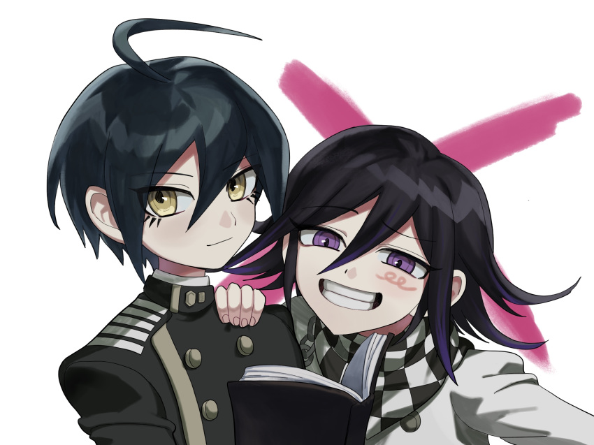2boys ahoge black_hair book brown_eyes buttons chain checkered_clothes checkered_scarf cross danganronpa_(series) danganronpa_v3:_killing_harmony double-breasted grey_background grey_jacket grin hair_between_eyes haji_(hajimaji) hand_on_another's_shoulder highres holding holding_book jacket looking_at_viewer male_focus multicolored_hair multiple_boys oma_kokichi open_book purple_eyes purple_hair saihara_shuichi scarf short_hair smile teeth two-tone_hair