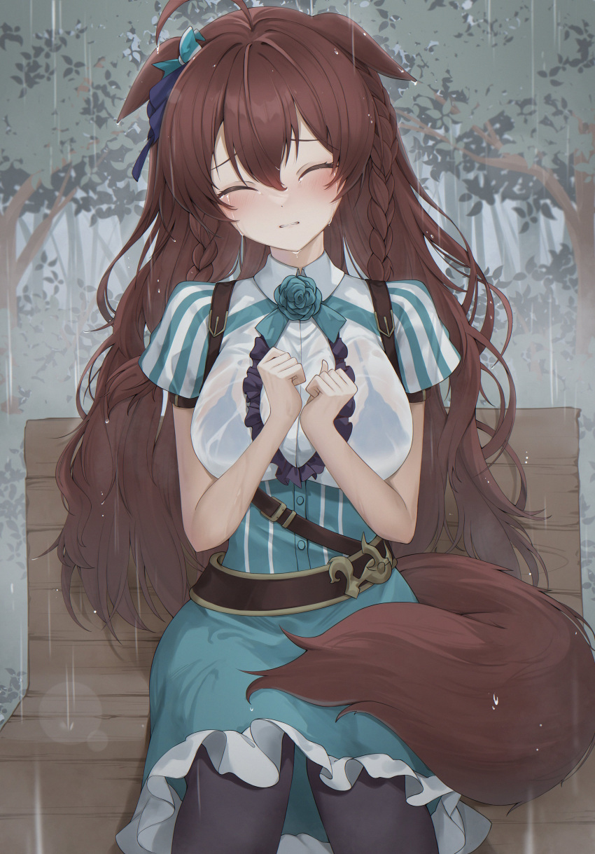 1girl absurdres ahoge animal_ears bench black_bra black_pantyhose blue_flower blue_rose blue_skirt bra bra_visible_through_clothes braid breasts brown_hair center_frills closed_eyes collared_shirt commentary_request crying facing_viewer feet_out_of_frame flower frilled_skirt frills gr_greeze hair_between_eyes hands_up highres horse_ears horse_girl horse_tail long_hair medium_breasts mejiro_bright_(umamusume) on_bench outdoors own_hands_together pantyhose park_bench parted_lips puffy_short_sleeves puffy_sleeves rabbit_ears rose shirt short_sleeves sitting skirt solo tail tears tree twin_braids umamusume underwear very_long_hair wet wet_clothes wet_shirt white_shirt