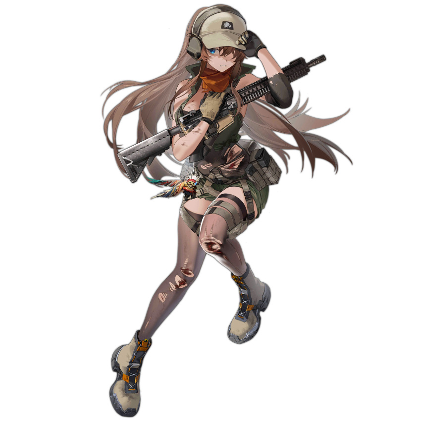 1girl ascot assault_rifle baseball_cap belt_pouch blue_eyes boots brown_hair closed_mouth cm901_(girls'_frontline) colt_cm901 full_body girls'_frontline gloves gun hair_over_one_eye hat headset highres holding holding_weapon injury long_hair one_eye_covered orange_ascot pouch rff_(3_percent) rifle short_shorts shorts simple_background sleeveless solo thighhighs third-party_source torn_clothes very_long_hair weapon