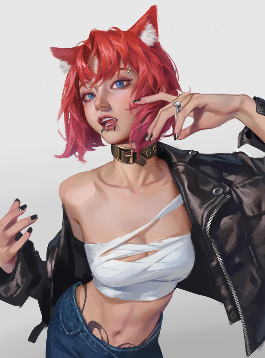 1girl absurdres animal_ears bandages blue_eyes bob_cut breasts cleavage collar denim eyebrow_piercing fangs fox_ears fox_girl highres jacket jewelry leather leather_jacket lip_piercing liu2e3ing looking_at_viewer midriff multiple_piercings nail_polish navel off_shoulder original piercing red_hair ring sarashi short_hair simple_background solo stomach_tattoo strapless tattoo tube_top white_background