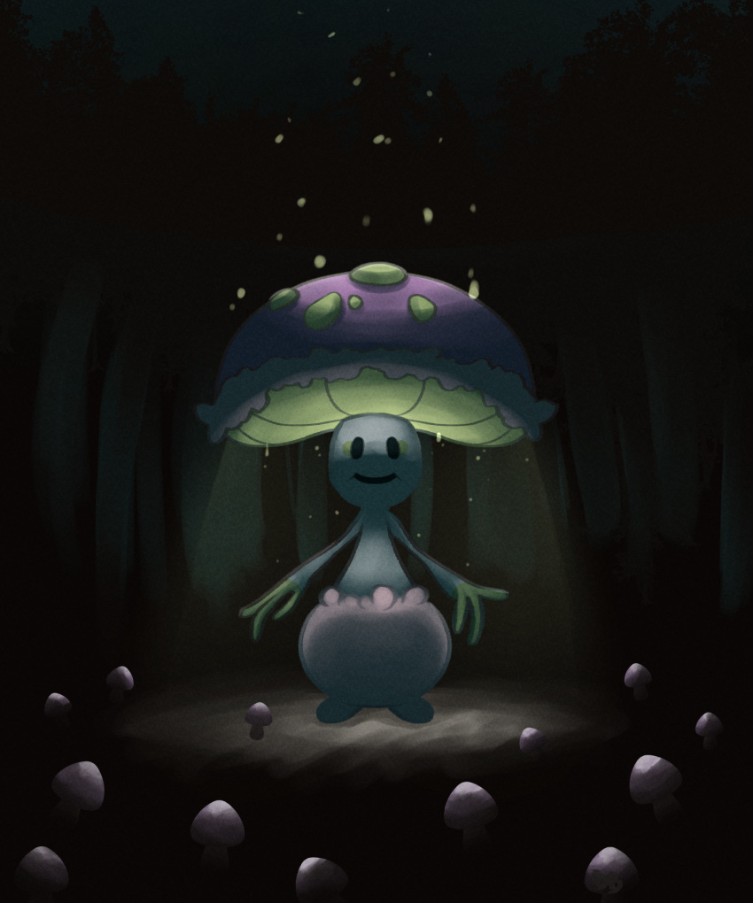 blueberryblanket english_commentary forest highres landscape light_rays looking_at_viewer mushroom nature night plant pokemon pokemon_(creature) scenery shiinotic smile solo standing
