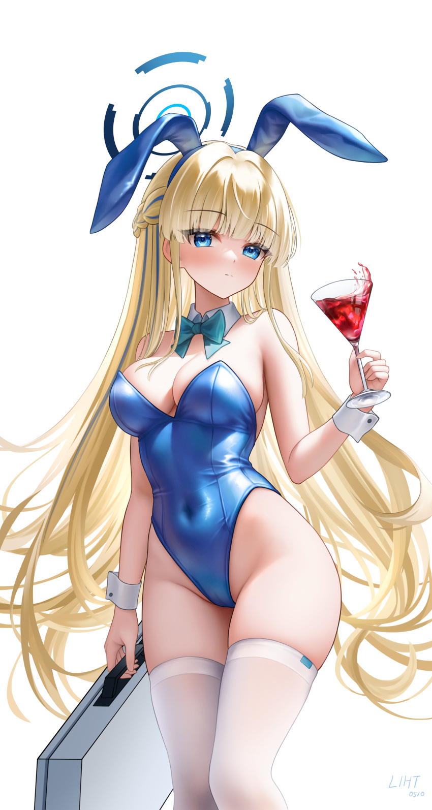 1girl absurdres animal_ears bare_shoulders blonde_hair blue_archive blue_bow blue_eyes blue_hairband blue_leotard bow bowtie braid breasts briefcase closed_mouth covered_navel cup detached_collar drinking_glass fake_animal_ears groin hairband halo highleg highleg_leotard highres holding holding_briefcase holding_cup leotard liht long_hair looking_at_viewer medium_breasts official_alternate_costume official_alternate_hairstyle playboy_bunny rabbit_ears simple_background solo thighhighs thighs toki_(blue_archive) toki_(bunny)_(blue_archive) very_long_hair white_background white_thighhighs wrist_cuffs