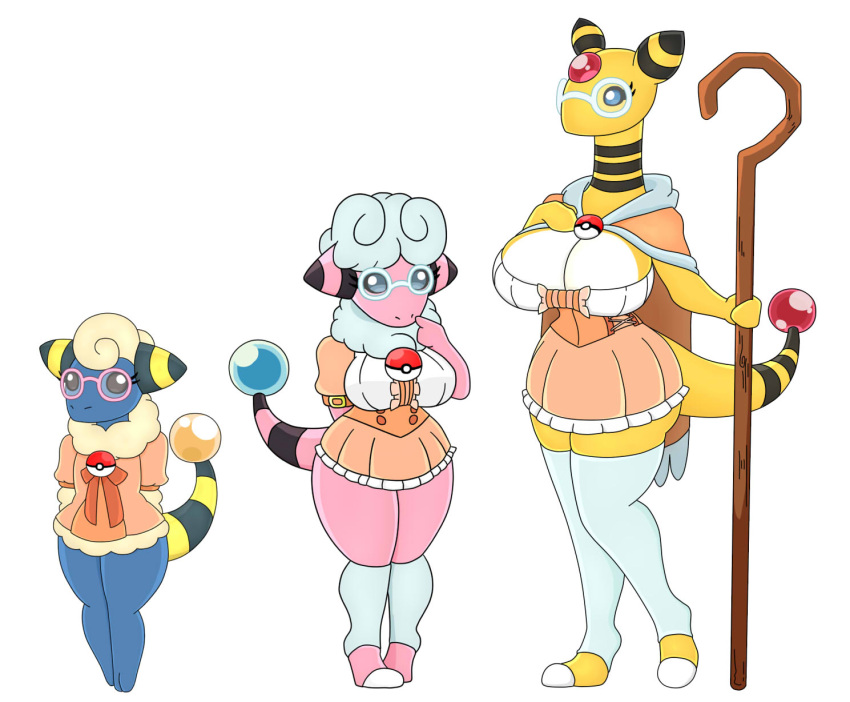 ampharos anthro big_breasts blue_body bottomwear breasts cane cape clothed clothing dress eyewear female flaaffy fur generation_2_pokemon glasses group hi_res huge_breasts legwear mareep nintendo pink_body pokeball pokemon pokemon_(species) simple_background skirt tail trio urusee584 white_background wool_(fur) wool_hair yellow_body