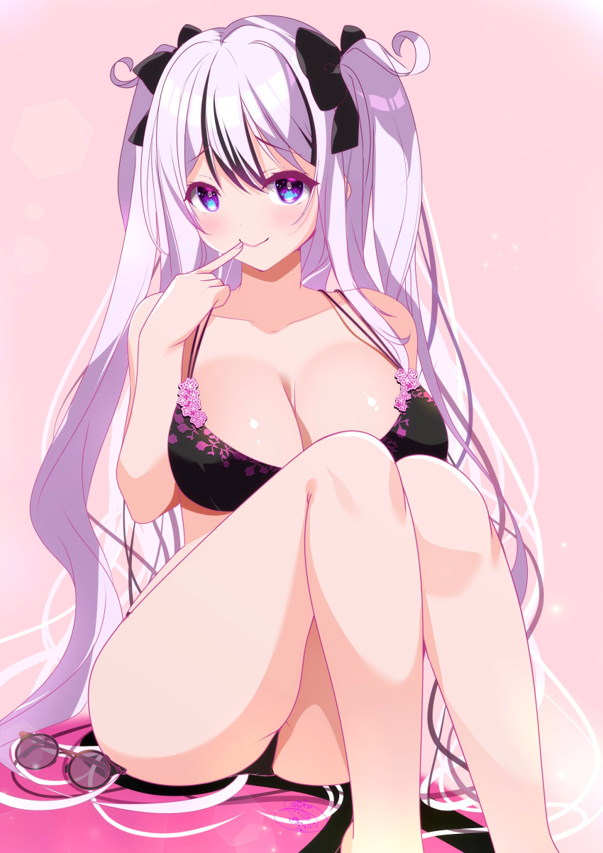 1girl absurdres azur_lane bare_legs black_bra black_panties bow bra breasts cleavage elbe_(azur_lane) finger_to_mouth hair_bow highres lace-trimmed_bra lace_trim large_breasts lingerie looking_at_viewer multicolored_hair origami_aya panties pink_trim purple_hair sitting streaked_hair sunglasses two_side_up underwear underwear_only unworn_eyewear