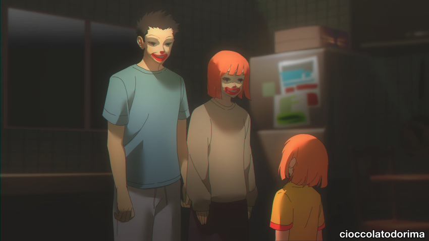 1boy 2girls artist_name black_hair black_skirt blue_shirt blurry blurry_background brown_sweater cioccolatodorima clown_mask family father_and_daughter grey_pants highres horror_(theme) indoors looking_at_another mask mcdonald's mother_and_daughter multiple_girls orange_hair orange_shirt pants red_shirt shirt short_hair short_sleeves skirt sweater two-tone_shirt window