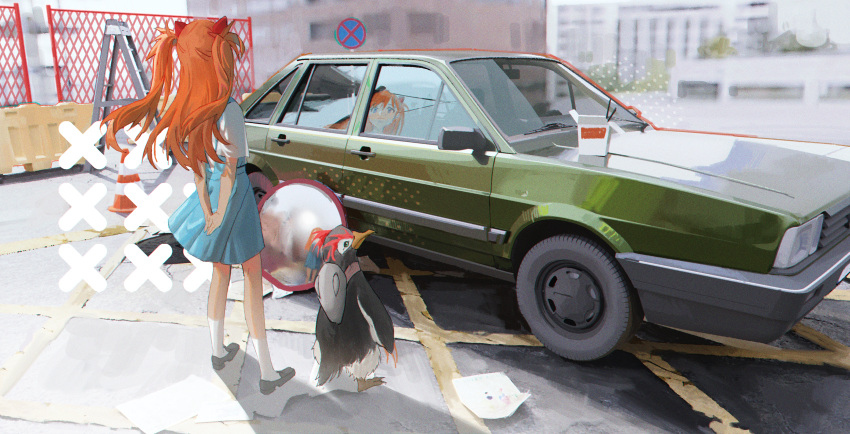 1365651178 absurdres bird black_hair car full_body green_car highres motor_vehicle neon_genesis_evangelion orange_hair outdoors penguin penpen reflection school_uniform shadow socks souryuu_asuka_langley standing tokyo-3_middle_school_uniform white_socks