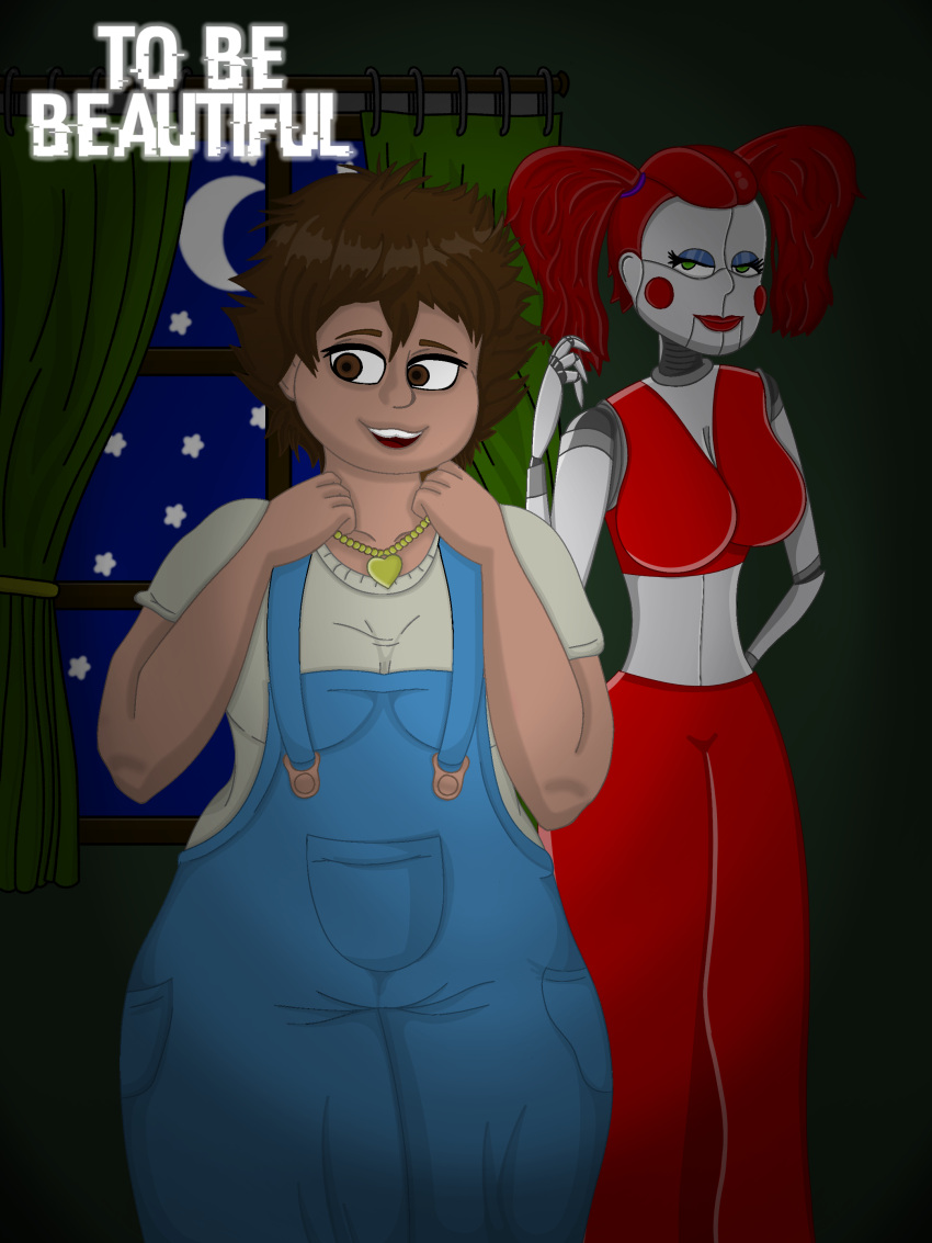 absurd_res animatronic brown_hair circus_baby_(fnaf) clothed clothing crescent_moon crop_top dark_room duo eleanor_(fnaf) fazbear's_fright female female/female five_nights_at_freddy's hair heart_necklace hi_res human humanoid jewelry machine mammal moon moopsart necklace overalls red_cheeks red_hair robot robot_humanoid sarah_(fnaf) scottgames shirt star thick_thighs to_be_beautiful topwear wide_hips window