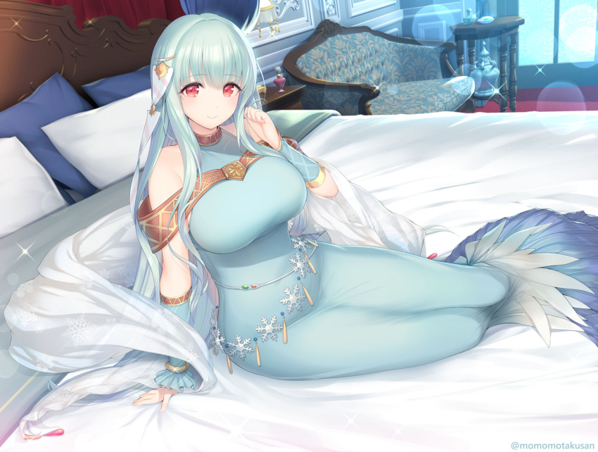 1girl bare_shoulders bed bed_sheet bedroom blue_dress blue_hair bracelet bracer breasts chair dress fire_emblem fire_emblem:_the_blazing_blade hair_ornament hand_in_own_hair highres jewelry kashiwamochi_yomogi large_breasts legs_together light_particles long_hair looking_at_viewer lying ninian_(fire_emblem) on_bed pillow red_eyes see-through_shawl shawl window