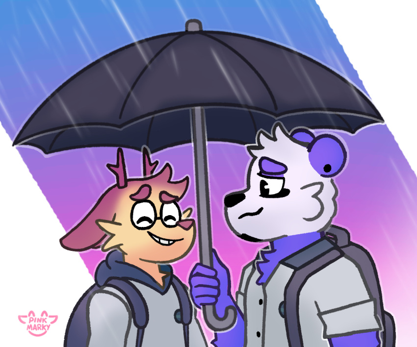 anthro antlers bear clothing duo ear_piercing ear_ring eyes_closed fur giant_panda horn jackalope lagomorph male mammal piercing pink_marky purple_body purple_fur raining ring_piercing simple_background smile umbrella white_body white_fur yellow_body yellow_fur