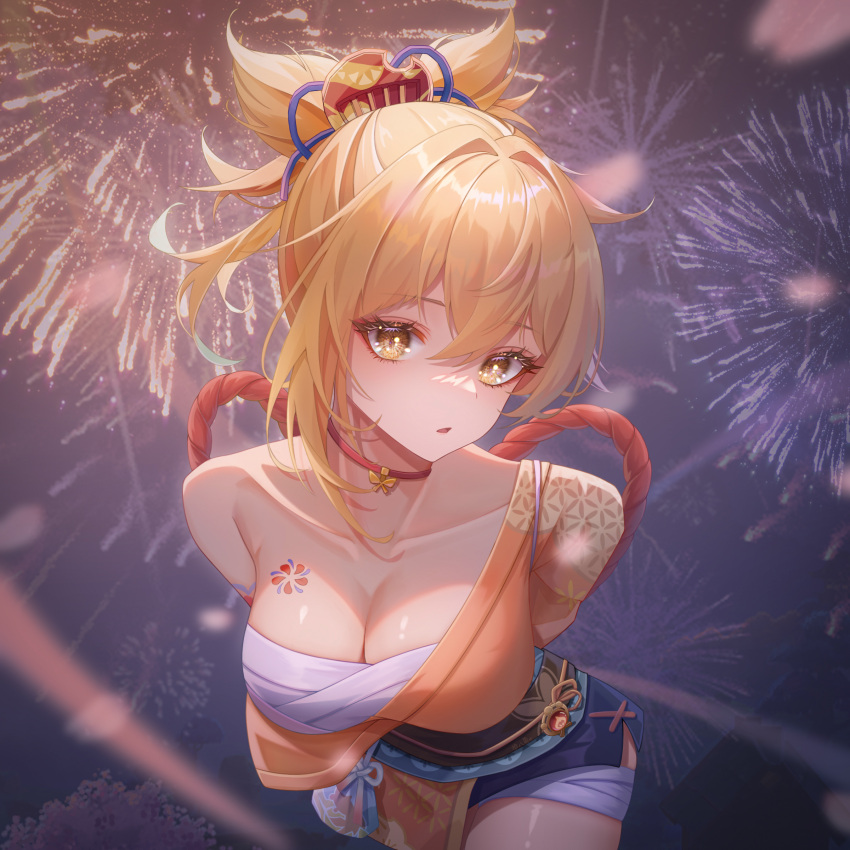 1girl absurdres arm_tattoo bandaged_leg bandages blonde_hair breasts butterfly_choker chest_sarashi chest_tattoo choker cleavage fireworks flower_tattoo genshin_impact hadanugi_dousa hair_between_eyes hair_ornament highres japanese_clothes juuhachi_kin_(anthonyy1821) kimono long_hair looking_at_viewer open_mouth orange_kimono ponytail red_choker rope sarashi shimenawa solo tattoo yellow_eyes yoimiya_(genshin_impact)