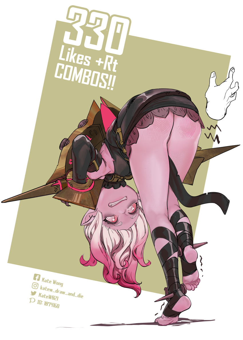 1girl annoyed artist_name ass bent_over briar_(league_of_legends) clenched_teeth colored_sclera colored_skin english_commentary facebook_logo facebook_username full_body grey_hair highres hoshinokaoru instagram_logo instagram_username league_of_legends legs long_hair multicolored_hair no_pupils pink_hair pointy_ears red_sclera shadow sharp_teeth simple_background slap_mark soles solo standing standing_on_one_leg streaked_hair teeth toeless_footwear toes twitter_logo twitter_username two-tone_hair upside-down vampire white_eyes wrist_cuffs