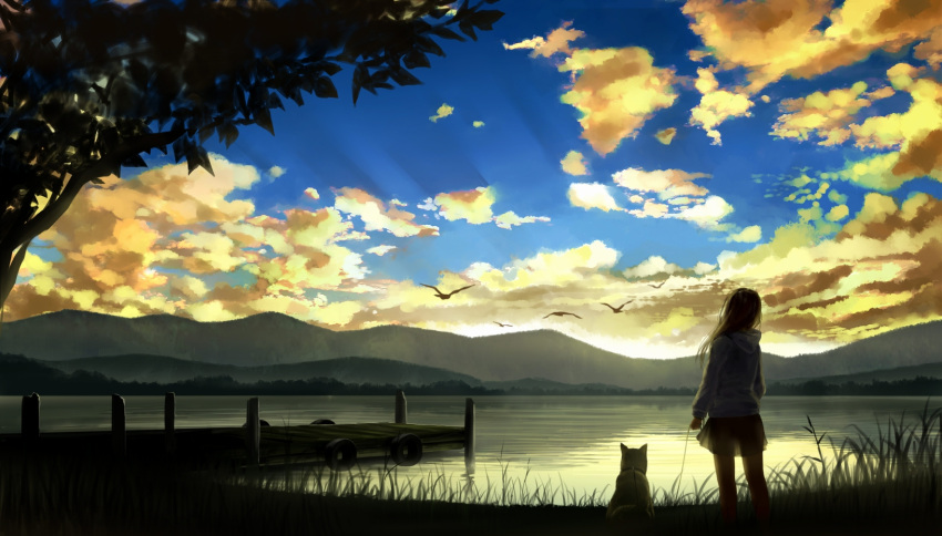 1girl bird blue_sky cloud commentary_request dog facing_away flock from_behind gensuke_(ryun) grass highres lake landscape leaf light_rays mountainous_horizon original outdoors pet_walking scenery sky solo standing sunbeam sunlight sunset tree water yellow_clouds