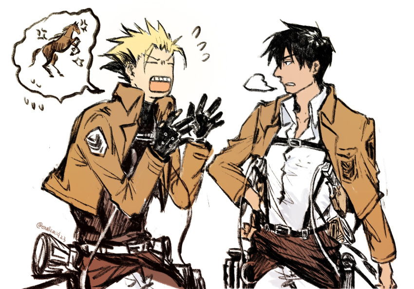 2boys black_gloves blonde_hair brown_jacket crossover gloves highres horse jacket multiple_boys nicholas_d._wolfwood open_mouth oxalicacid23 shingeki_no_kyojin simple_background teeth trigun trigun_stampede upper_teeth_only vash_the_stampede white_background