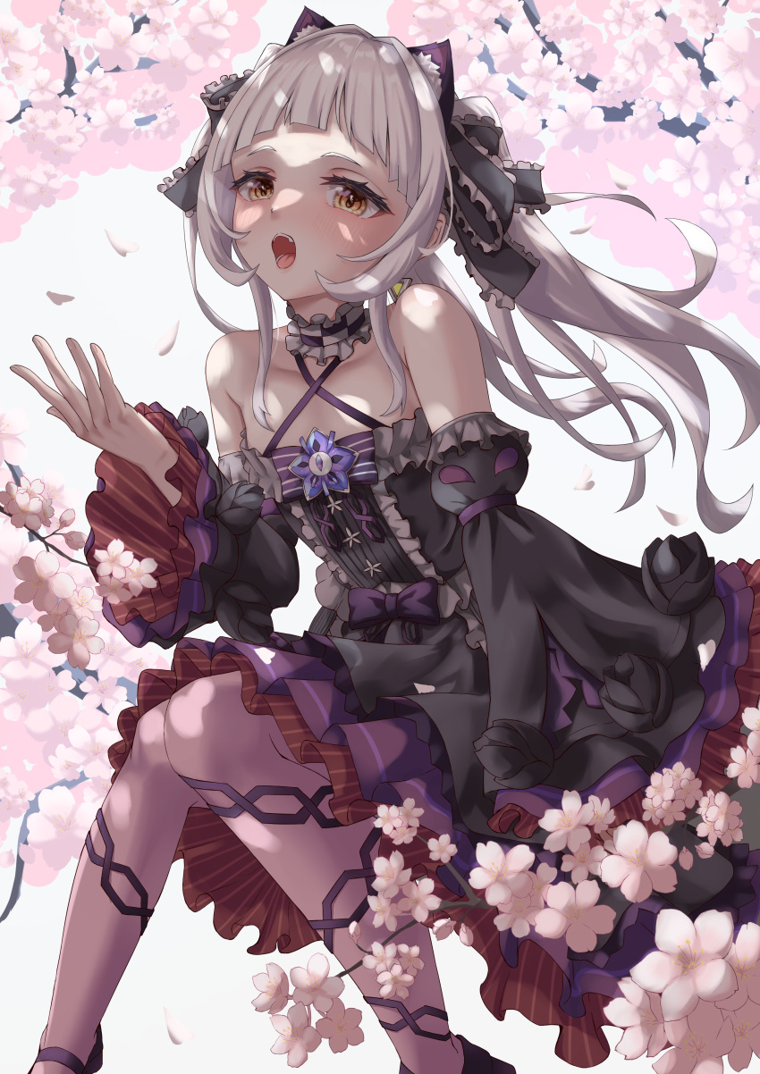 1girl absurdres animal_ears black_dress black_footwear black_sleeves blunt_bangs blush breasts cat_ears cat_girl chain_print cherry_blossoms choker commentary criss-cross_halter detached_sleeves dress frilled_choker frills gothic_lolita grey_hair halterneck highres hololive layered_dress lolita_fashion long_hair looking_at_viewer mary_janes mitsu_3_33 murasaki_shion open_mouth pantyhose shoes short_dress sidelocks sitting_on_branch small_breasts solo virtual_youtuber white_choker yellow_eyes