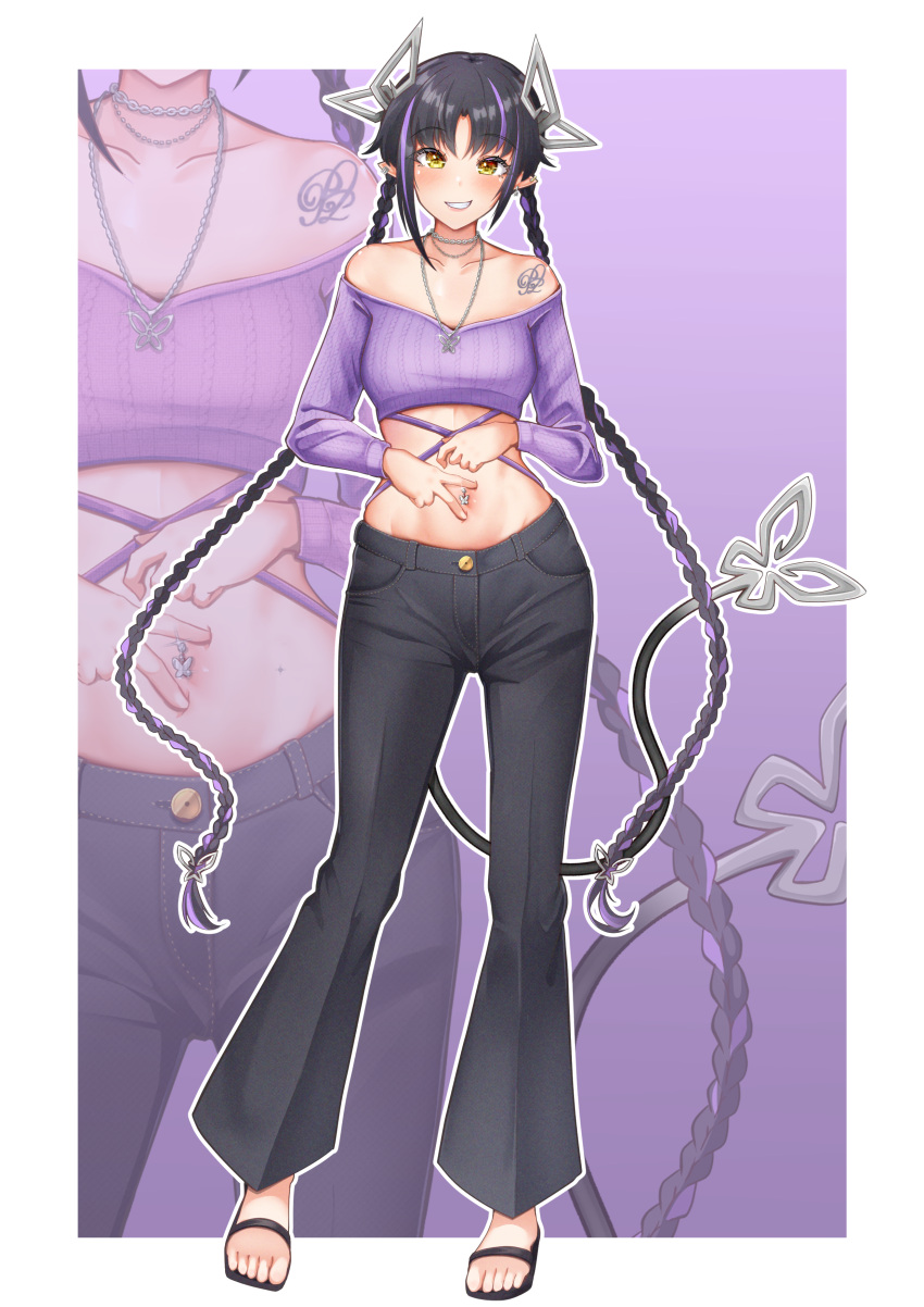 1girl absurdres alternate_costume alternate_hairstyle black_footwear black_hair black_pants blush braid breasts butterfly_hair_ornament commentary_request constricted_pupils crop_top demon_girl demon_horns demon_tail earrings full_body gradient_background grin hair_ornament highres horns jewelry kojo_anna long_hair long_sleeves looking_at_viewer medium_bangs medium_breasts midriff multicolored_hair multiple_earrings nanashi_inc. navel navel_piercing necklace off-shoulder_shirt off_shoulder outline pants piercing pointy_ears purple_background purple_hair purple_shirt robou_no_stone sandals shirt shoulder_tattoo smile solo spread_navel standing tail tattoo toes twin_braids twintails two-tone_hair very_long_hair virtual_youtuber white_background white_outline yellow_eyes zoom_layer