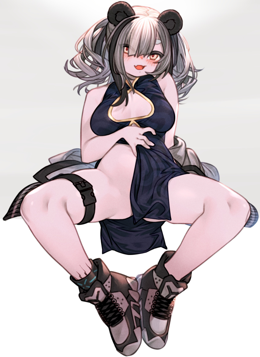 1girl animal_ears arknights bear_ears black_hair china_dress chinese_clothes cleavage_cutout clothing_cutout dress fangs feater_(arknights) full_body grey_hair highres knees_apart_feet_together kochiya_(gothope) multicolored_hair no_panties panda_ears panda_girl pelvic_curtain shoes simple_background sitting skin_fangs sleeveless sleeveless_dress sneakers spread_legs streaked_hair thick_eyebrows thigh_strap