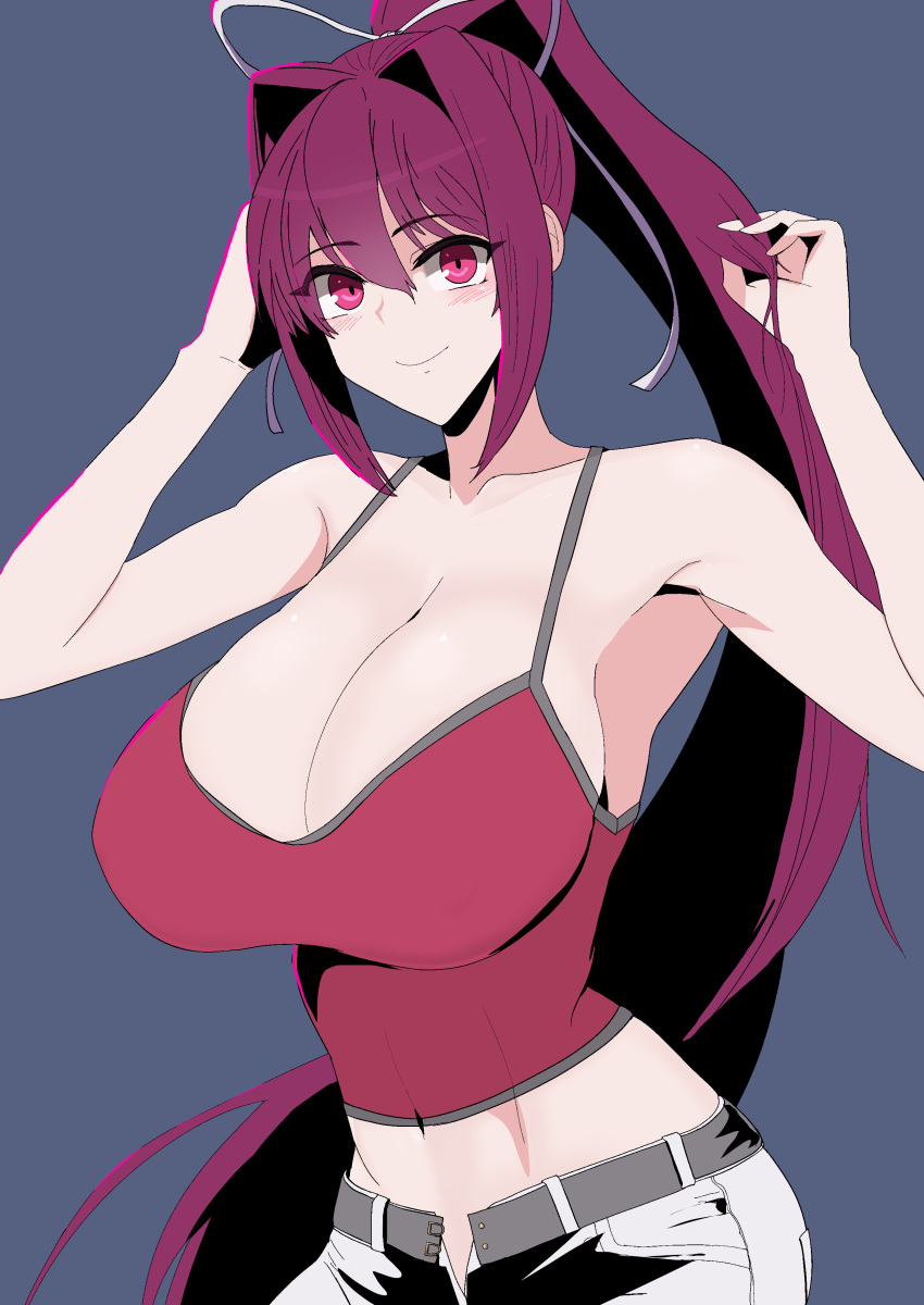 1girl absurdres armpit_crease bare_shoulders breasts camisole capri_pants hair_intakes hair_ribbon highres large_breasts long_hair looking_at_viewer midriff pants ponytail purple_hair red_camisole red_eyes ribbon smile solo tsu-mo3 under_night_in-birth very_long_hair white_pants white_ribbon yuzuriha_(under_night_in-birth)