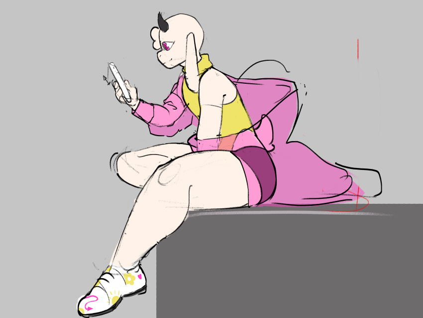 absurd_res ambiguous_gender anthro bottomwear bovid caprine clothing coat footwear goat hi_res horn hotpants i_will_dance_only_if_the_beat_is_funky mammal on_phone phone scut_tail shoes short_tail shorts side_view sitting sketch smile solo tail thick_thighs topwear translucent translucent_clothing