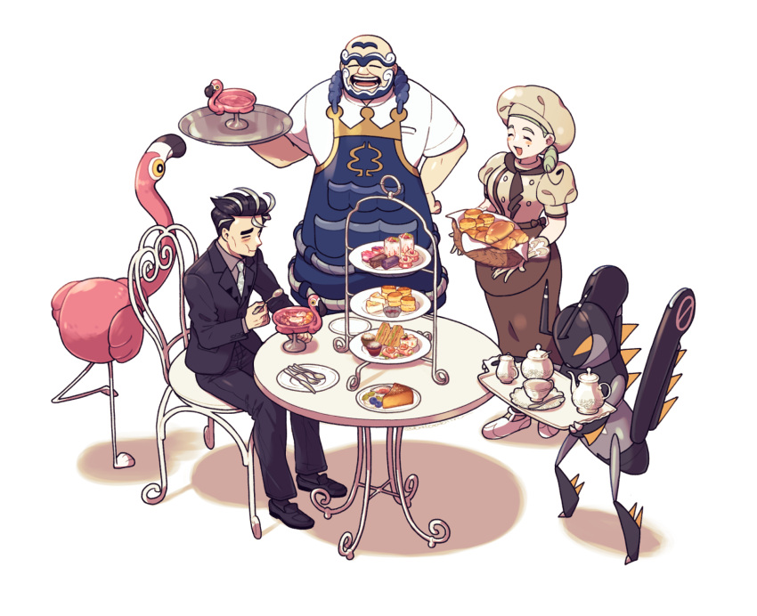 1girl 2boys apron ascot bald batabiru beard black_hair black_jacket bread brown_ascot brown_skirt cake closed_eyes collared_shirt croissant cup eating facial_hair flamigo food fork gloves grey_hair hand_on_hip hat highres holding holding_food holding_spoon holding_tray jacket katy_(pokemon) knife kofu_(pokemon) larry_(pokemon) light_green_hair lokix long_sleeves mole mole_on_cheek multicolored_hair multiple_boys necktie open_mouth pokemon pokemon_(creature) pokemon_(game) pokemon_sv puffy_short_sleeves puffy_sleeves saucer shirt short_hair short_sleeves side_ponytail sitting skirt smile spoon streaked_hair table tea_set teacup tiered_tray tray two-tone_hair unibrow