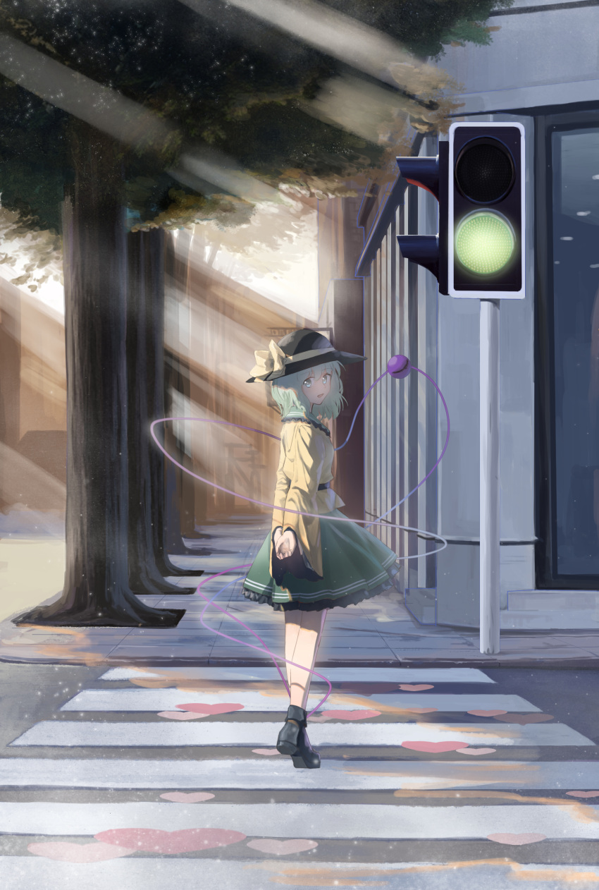 1girl absurdres black_footwear black_headwear day frilled_skirt frilled_sleeves frills full_body green_eyes green_hair green_skirt hair_between_eyes hat hat_ribbon highres komeiji_koishi long_sleeves medium_hair mo_yu_de_jiaozi open_mouth outdoors ribbon shirt shoes skirt smile solo third_eye touhou traffic_light tree wide_sleeves yellow_ribbon yellow_shirt