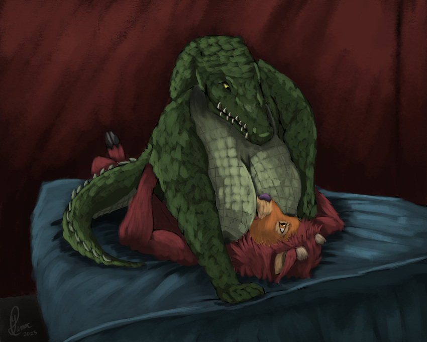 absurd_res alligator alligatorid anthro bed bed_sheet bedding breast_smothering breasts cervine crocodilian crush de-racked deer duo elk female furniture hi_res kinktober lying male male/female mammal momamo on_back overweight pinning_down reptile scales scalie simple_background yenocwolf