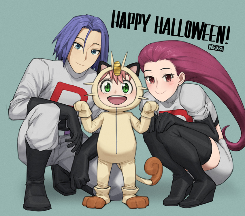 anya_(spy_x_family) artist_name belt black_footwear blue_eyes breikka costume crop_top dress-up green_eyes halloween halloween_costume happy_halloween james_(pokemon) jessie_(pokemon) meowth onesie pants pokemon purple_belt purple_hair red_eyes shirt skirt spy_x_family twilight_(spy_x_family) white_clothing white_pants white_shirt white_skirt yor_briar