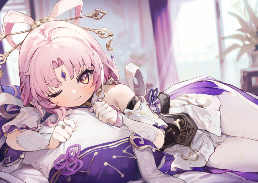 1girl ;) bare_shoulders blurry blurry_background bow-shaped_hair closed_mouth commentary constellation_print coria cowboy_shot curtains earrings forehead_jewel fu_xuan_(honkai:_star_rail) hair_ornament hair_stick head_on_pillow highres honkai:_star_rail honkai_(series) indoors jewelry light_particles long_hair looking_at_viewer lying on_bed on_side one_eye_closed orange_eyes pantyhose pink_hair plant potted_plant skirt smile solo symbol-only_commentary tassel tassel_earrings white_pantyhose white_skirt white_sleeves window