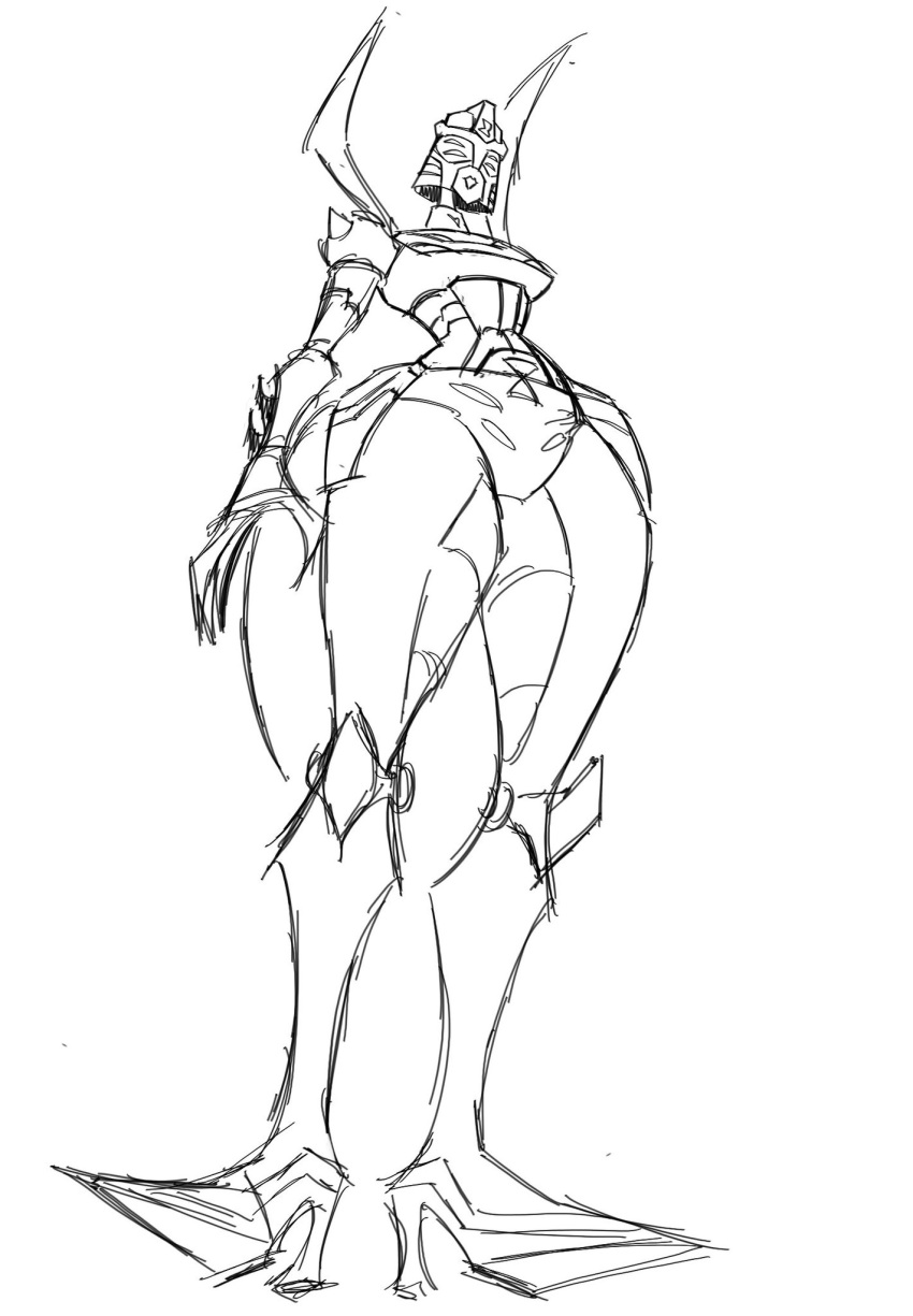 1girl blackarachnia breasts color_request curvy fingernails high_heels highres humanoid_robot itstom06331391 medium_breasts panties robot science_fiction sharp_fingernails simple_background sketch smile solo thick_thighs thighs transformers transformers_animated underwear