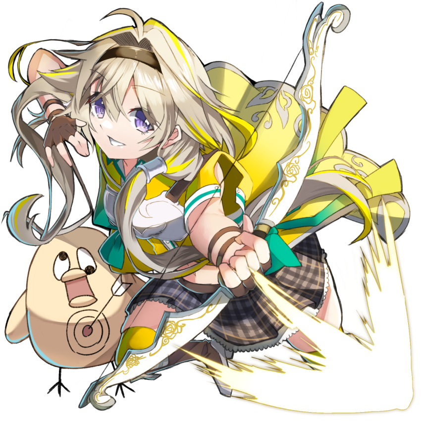 1girl ahoge arrow_(projectile) bird black_hairband blonde_hair boots bow_(weapon) brown_footwear brown_gloves chest_guard commentary_request fingerless_gloves frilled_skirt frills full_body gloves grey_skirt grin hair_between_eyes hair_intakes hair_tubes hairband highres holding holding_bow_(weapon) holding_weapon ieiri_popo long_hair looking_at_viewer medium_bangs multicolored_hair nanashi_inc. plaid plaid_skirt purple_eyes shiranui_enki shirt short_sleeves simple_background skirt smile solo streaked_hair transparent_background two-tone_hair virtual_youtuber weapon yellow_shirt