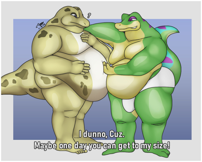 anthro bellies_touching belly belly_overhang big_belly big_butt briefs bulge butt clothing convenient_censorship cuz_(gex) dialogue duo english_text gecko gex_(series) gex_the_gecko green_body hand_on_another's_belly krowbutt lizard male male/male moobs nude obese obese_male overweight overweight_anthro overweight_male question_mark reptile scalie simple_background tail talking_to_another talking_to_partner text thick_tail thick_thighs underwear