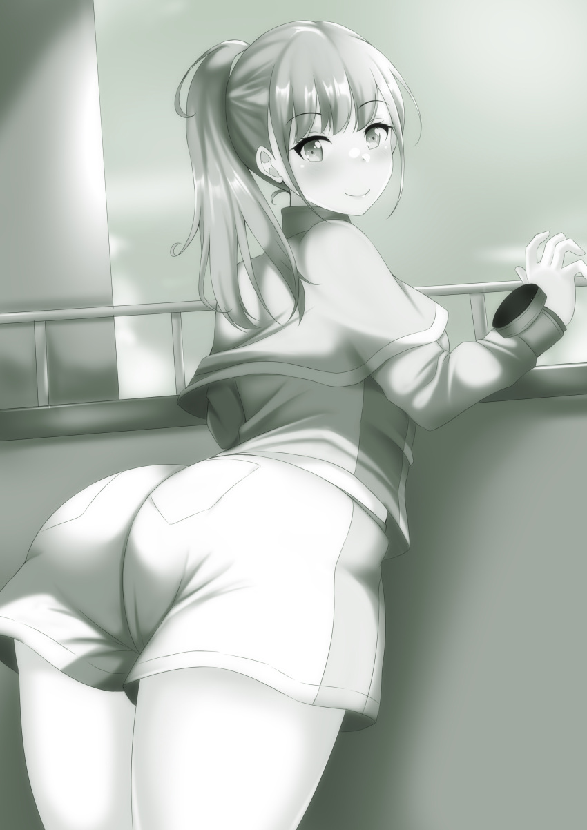 1girl absurdres ass bracelet greyscale hayami_sena highres jewelry mashin_sentai_kiramager monochrome pandacross ponytail shorts smile solo super_sentai tagme tokusatsu