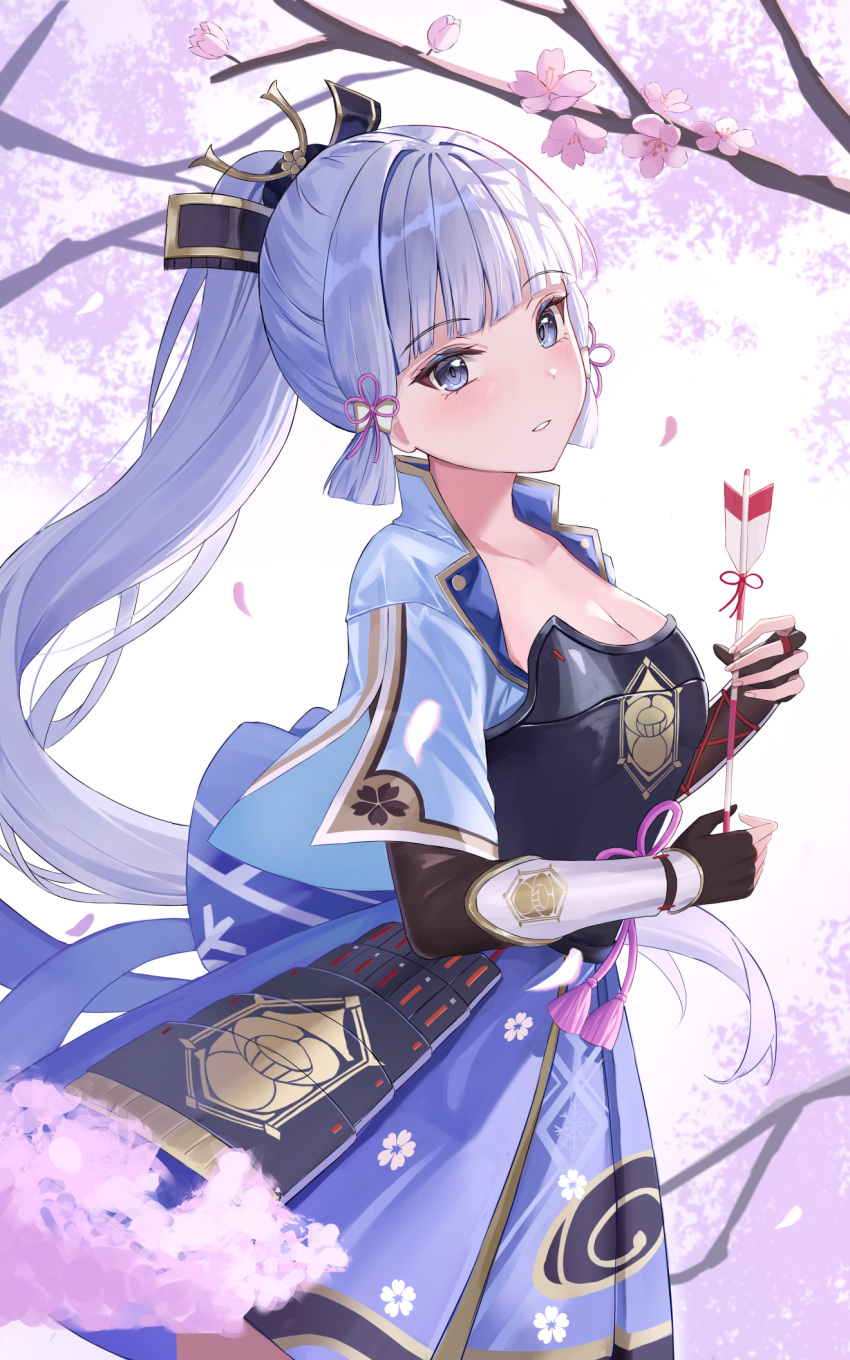 1girl armor arrow_(projectile) blue_eyes blunt_bangs breastplate breasts cherry_blossoms cleavage falling_petals faulds fingerless_gloves floating_hair floral_print genshin_impact gloves hair_ornament hair_ribbon high_ponytail highres holding holding_arrow i_ruru japanese_armor japanese_clothes kamisato_ayaka long_hair medium_breasts parted_lips petals ribbon sidelocks skirt solo tress_ribbon vambraces very_long_hair white_hair