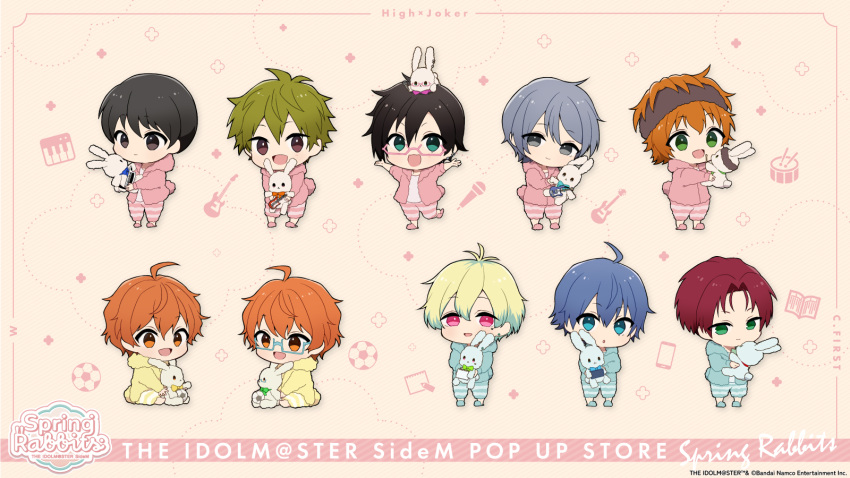 6+boys ahoge akiyama_hayato amamine_shu aoi_kyosuke aoi_yusuke black_eyes black_hair black_headband blonde_hair blue-framed_eyewear blue_eyes blue_hair brothers c.first_(idolmaster) chibi fuyumi_jun glasses green_eyes green_hair grey_eyes grey_hair hair_between_eyes hanazono_momohito headband high_x_joker_(idolmaster) highres holding holding_stuffed_toy idolmaster idolmaster_side-m iseya_shiki light_green_hair male_focus mayumi_eishin multiple_boys official_art open_mouth orange_hair pajamas panties pink-framed_eyewear pink_eyes pink_panties red_hair sakaki_natsuki shirt siblings slippers stuffed_animal stuffed_rabbit stuffed_toy twins underwear w_(idolmaster) wakazato_haruna white_shirt