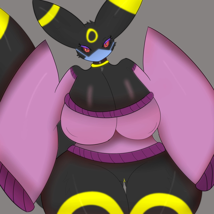 2023 anthro big_breasts black_body black_fur bottomless breasts clothed clothing collar eeveelution eyebrows eyelashes face_mask female female/female fur generation_2_pokemon genitals hi_res humanoid looking_at_viewer miyang_draws! nintendo pokemon pokemon_(species) pussy red_eyes simple_background sitting solo sweater topwear turtleneck umbreon yellow_pussy