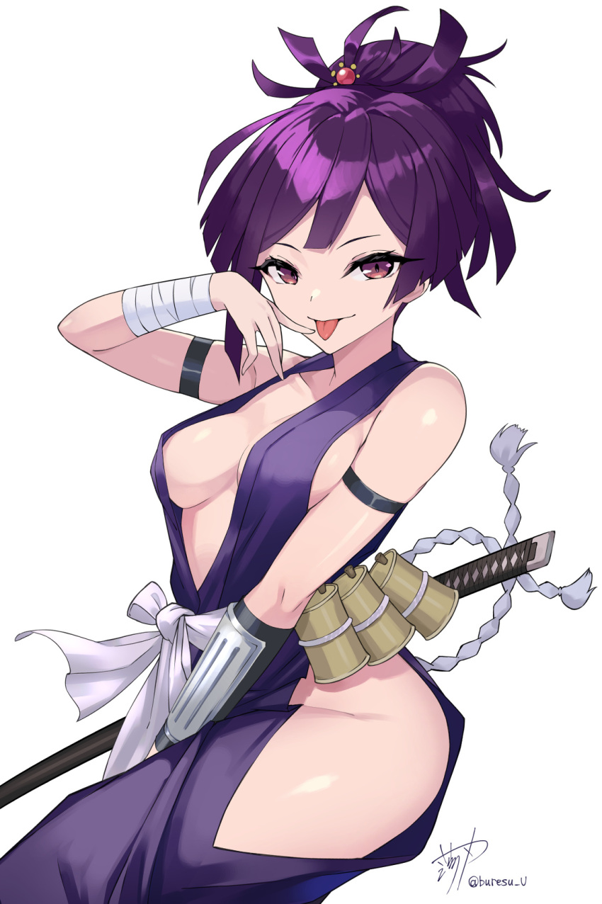 1girl :p arm_strap bandaged_wrist bandages bare_hips bare_shoulders breasts center_opening finger_to_tongue halterneck highres hip_vent japanese_clothes jigokuraku kimono looking_at_viewer medium_breasts namiura ninja ninjatou purple_eyes purple_hair purple_kimono sash short_hair short_sword sideboob simple_background solo sword tongue tongue_out topknot weapon white_background wrist_guards yuzuriha_(jigokuraku)