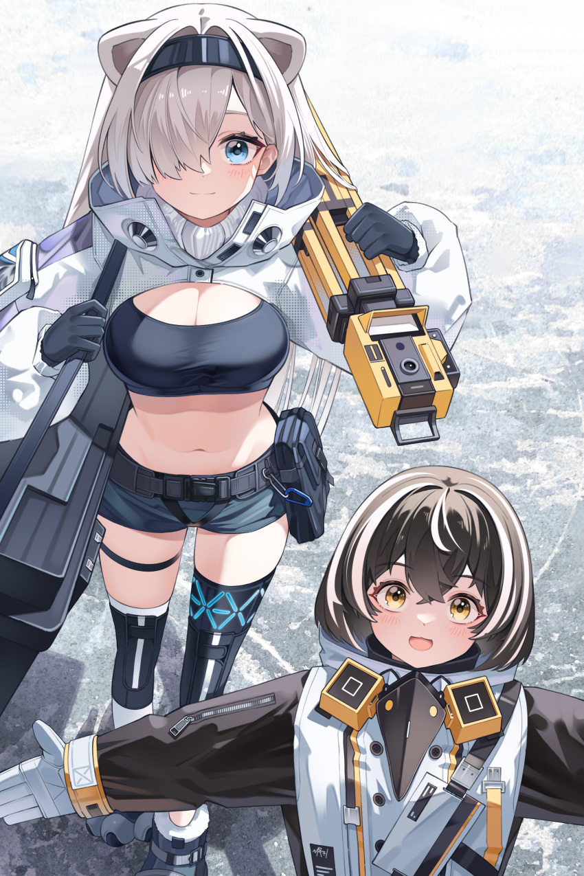 2girls :d absurdres animal_ears arknights aurora_(arknights) bear_ears belt black_belt black_gloves black_hair black_hairband black_shirt blue_eyes breasts cleavage commentary_request crop_top gloves grey_shorts hair_over_one_eye hairband highres infection_monitor_(arknights) jacket large_breasts long_hair long_sleeves looking_at_viewer magallan_(arknights) midriff multicolored_hair multiple_girls navel open_mouth shirt short_shorts shorts shrug_(clothing) sitting smile stomach streaked_hair thigh_strap thighs very_long_hair white_gloves white_hair zhengqi_zhizi_sg