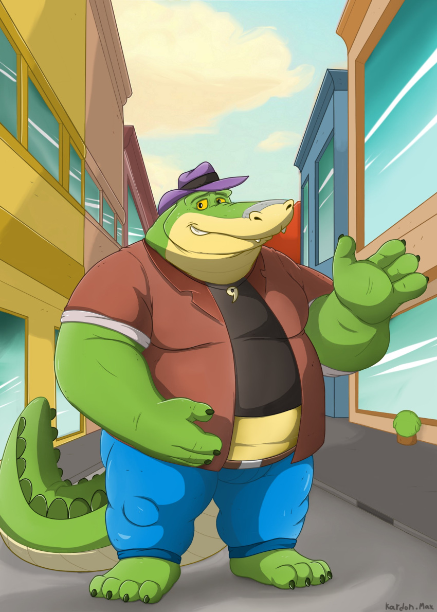 2023 4_fingers 4_toes absurd_res alligator alligatorid anthro bottomwear brok_(character) brok_the_investigator clothing crocodilian detailed_background feet fingers green_body hat headgear headwear hi_res humanoid_hands kardonmaxwell male outside overweight overweight_male pants reptile scalie shirt solo toes topwear