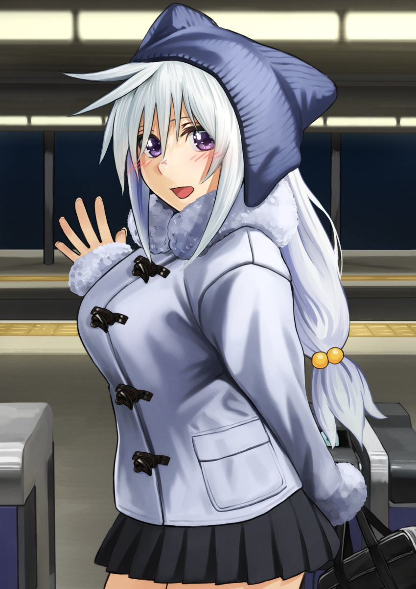 1girl :d alternate_costume arm_behind_back bag black_bag black_skirt blush breasts coat commentary_request contemporary cowboy_shot eris_(konosuba) fur_collar hand_up hat highres izawa_(bhive003) kono_subarashii_sekai_ni_shukufuku_wo! large_breasts long_hair long_sleeves looking_at_viewer miniskirt open_mouth outdoors pleated_skirt purple_eyes revision school_bag skirt smile solo winter_clothes winter_coat